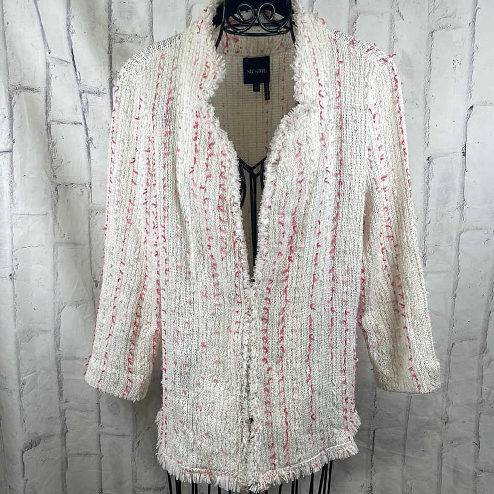 Nic+Zoe Open Front Cardigan Tweed 3/4 Sleeve Fringe Single Hook & Eye Closure